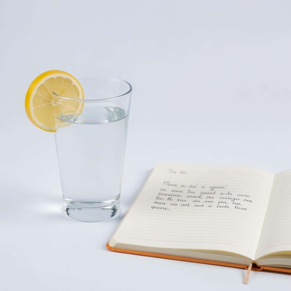 Чаша воде са кришком лимуна поред дневника са бележеним уносом течности, светла и чиста позадина